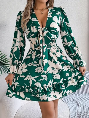 Royal Zee Floral V-Neck Tie Waist Long Sleeve
