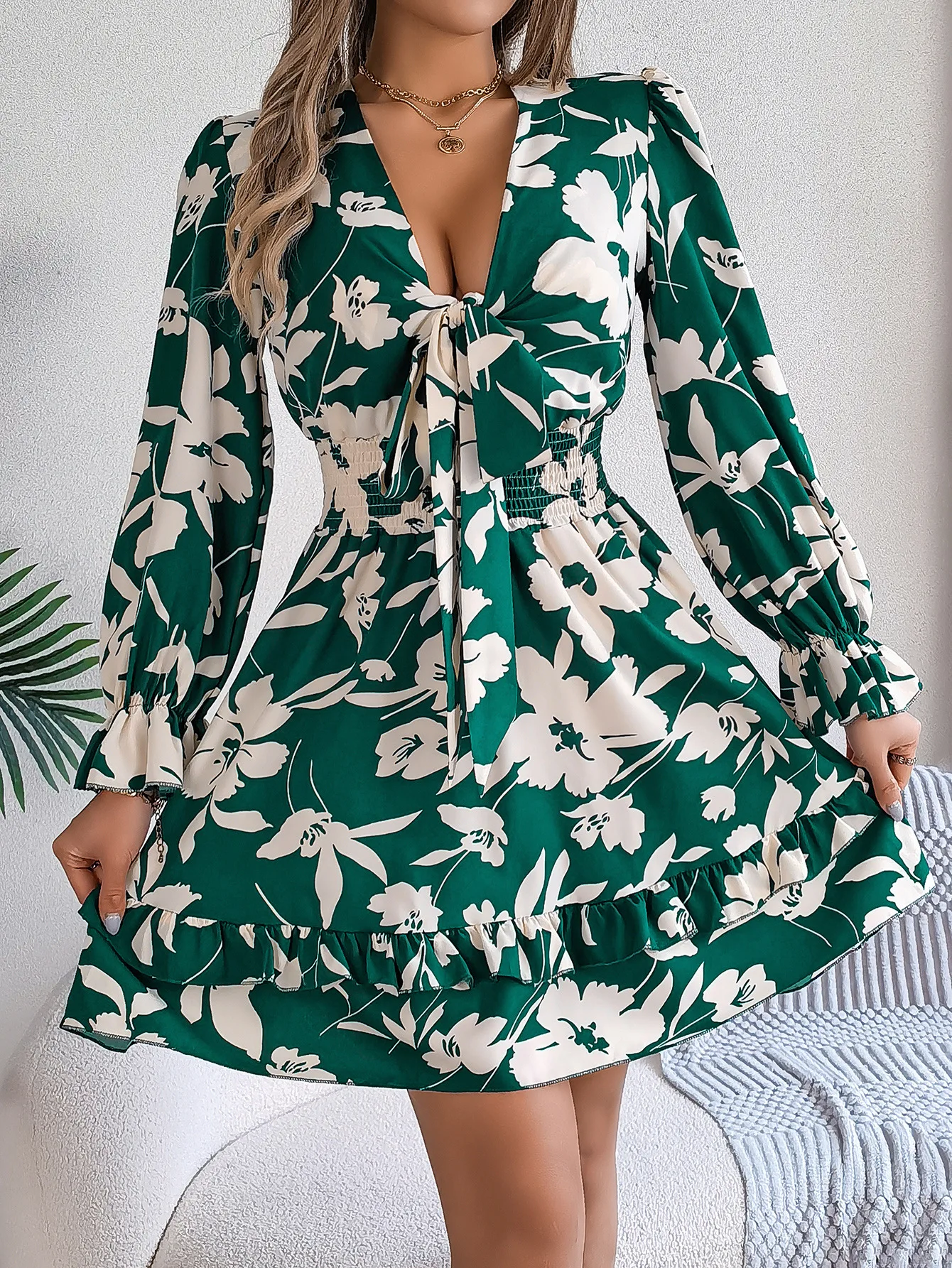 Royal Zee Floral V-Neck Tie Waist Long Sleeve
